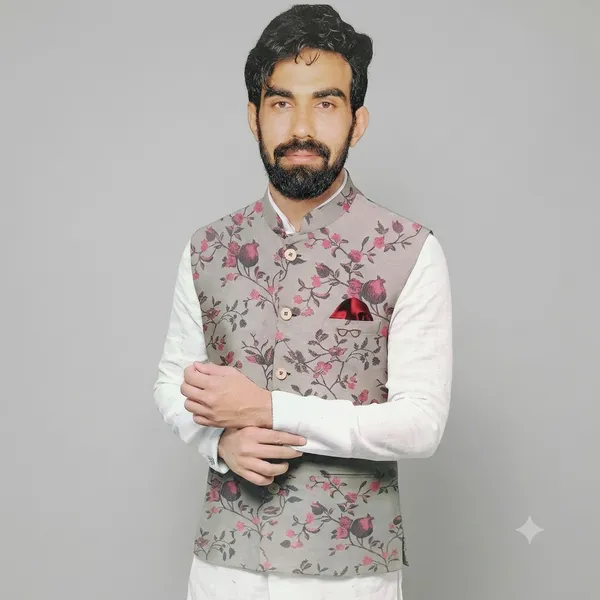 Grey_Ethina_Brocade_Fabric_With_Flower_Work_For_Bandi/Nehru_Jacket