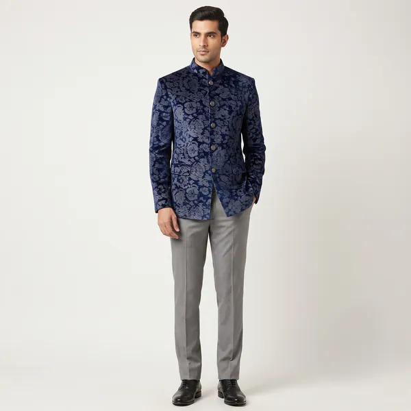 Grey_Nemssis_Blazer/Bandhgala_With_Self_Jacquard_In_Velvet_Fabric