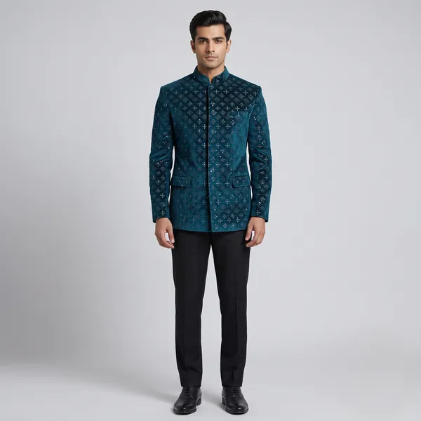 Peacock_Blue_Ethina_Velvet_Bandhgala_and_Open_Jacket_Shrug_Fabric