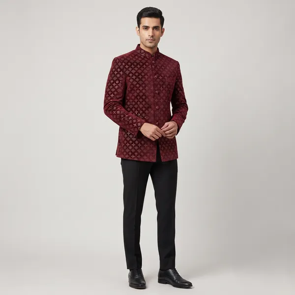 Maroon_Ethina_Velvet_Bandhgala_and_Open_Jacket_Shrug_Fabric
