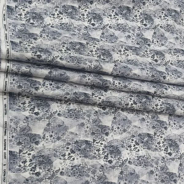 White_Siyaram_Cadini_Lawn_Cotton_With_Dark_Grey_Digital_Print_For_Shirt/Short_Kurta_Fabric