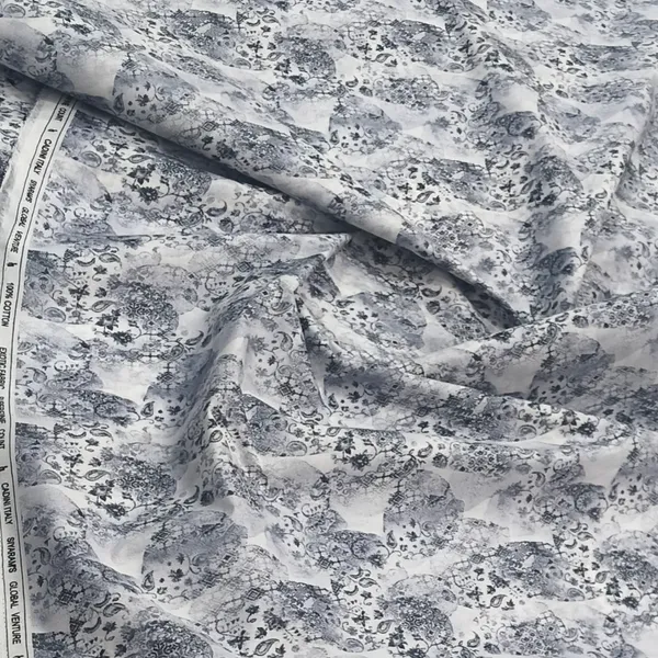 White_Siyaram_Cadini_Lawn_Cotton_With_Dark_Grey_Digital_Print_For_Shirt/Short_Kurta_Fabric