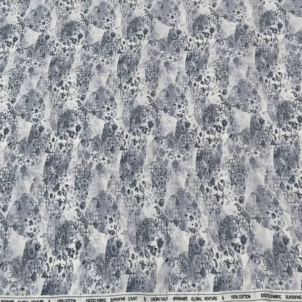 White_Siyaram_Cadini_Lawn_Cotton_With_Dark_Grey_Digital_Print_For_Shirt/Short_Kurta_Fabric