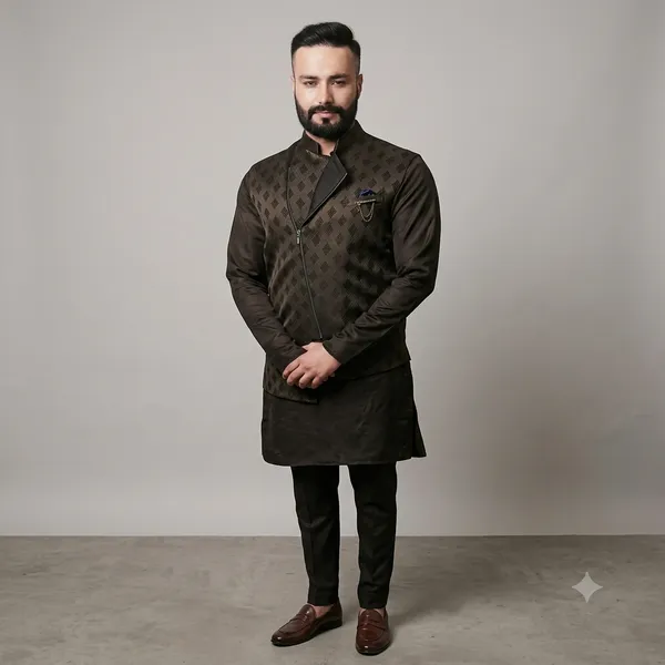 Dark_Chocolate_Brown_Nemssis_Brocade_Bandi/Nehru_Jacket_Fabric