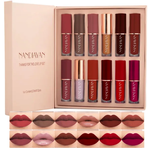 HANDIYAN__12Pcs_Velvet_Matte_Liquid_Lipstick_Set_of_12,_Waterproof_Long_Lasting_Quick-drying_Non-Stick_Cup_Nude_Lip_Stain_Kit