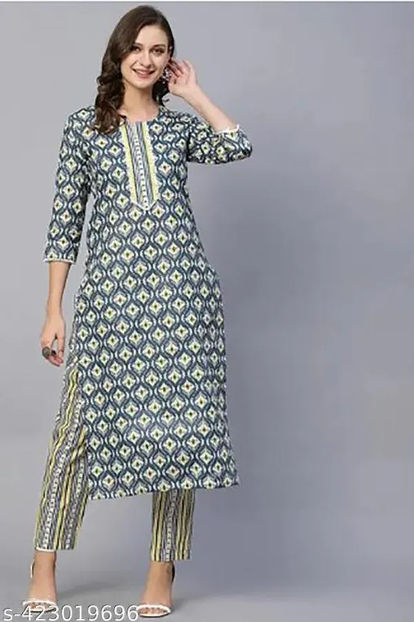 Blue_Cotton_Floral_A_Line_Knee_Length_Kurta_Set_For_Women_And_Girls