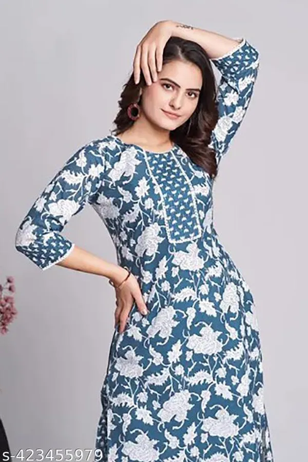 Blue_And_Off_White_Cotton_A_Line_Kurta_Set_For_Women_And_Girls
