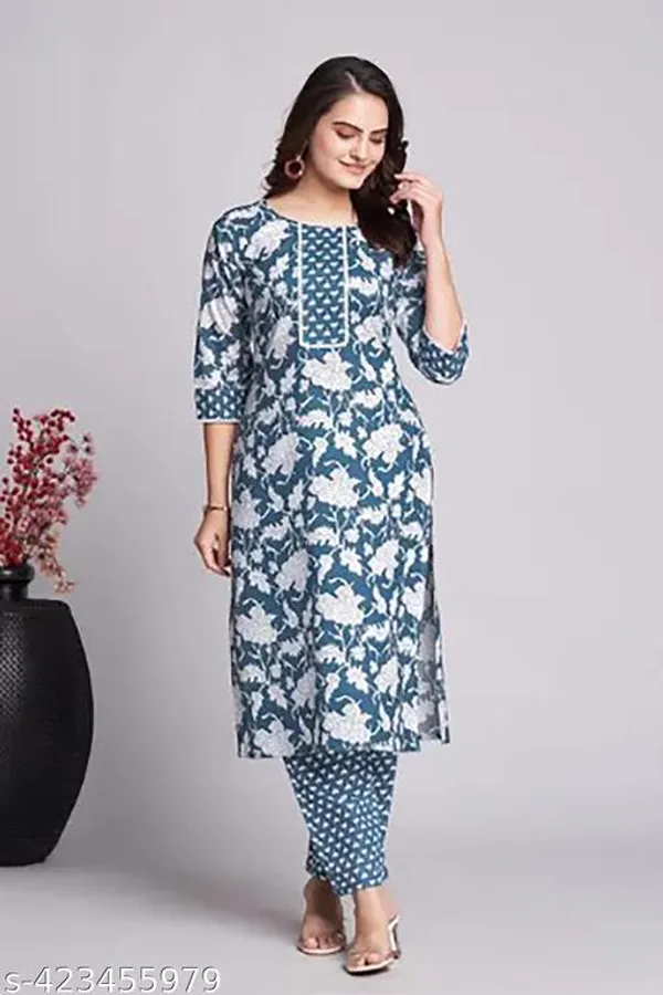 Blue_And_Off_White_Cotton_A_Line_Kurta_Set_For_Women_And_Girls