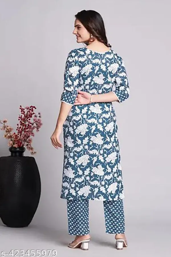 Blue_And_Off_White_Cotton_A_Line_Kurta_Set_For_Women_And_Girls