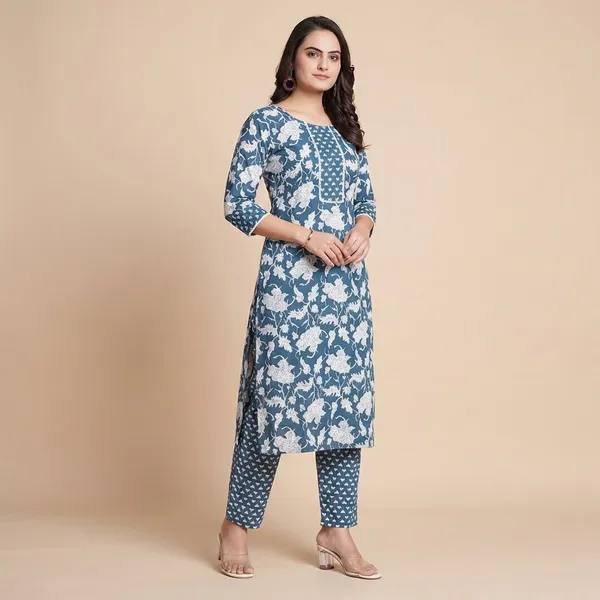Blue_And_Off_White_Cotton_A_Line_Kurta_Set_For_Women_And_Girls