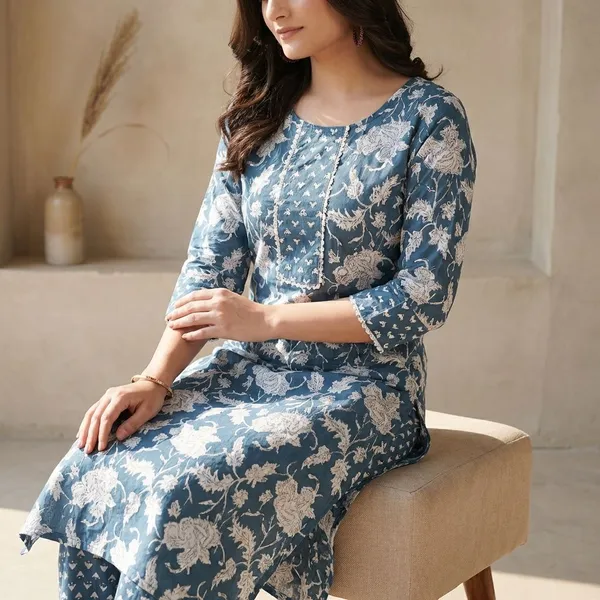 Blue_And_Off_White_Cotton_A_Line_Kurta_Set_For_Women_And_Girls
