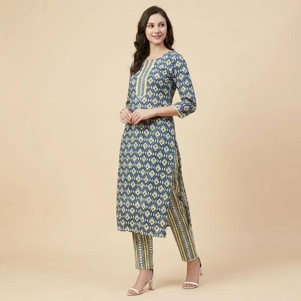 Aqua_And_Blue_Cotton_A_Line_Kurta_Pant_Set_For_Women_And_Girls_|_Pack_Of_2