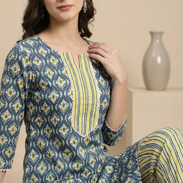 Aqua_And_Blue_Cotton_A_Line_Kurta_Pant_Set_For_Women_And_Girls_|_Pack_Of_2