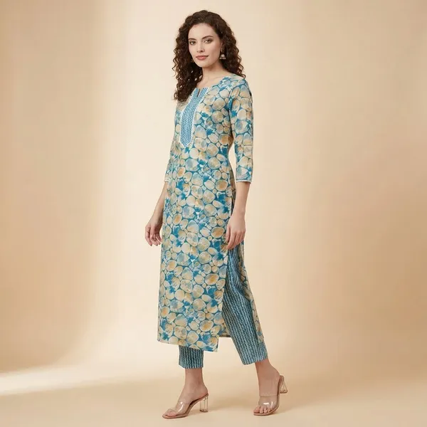 Aqua_And_Blue_Cotton_A_Line_Kurta_Pant_Set_For_Women_And_Girls_|_Pack_Of_2