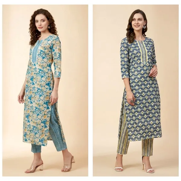 Aqua_And_Blue_Cotton_A_Line_Kurta_Pant_Set_For_Women_And_Girls_|_Pack_Of_2