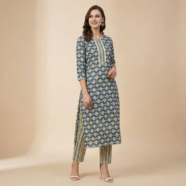 Aqua_And_Blue_Cotton_A_Line_Kurta_Pant_Set_For_Women_And_Girls_|_Pack_Of_2