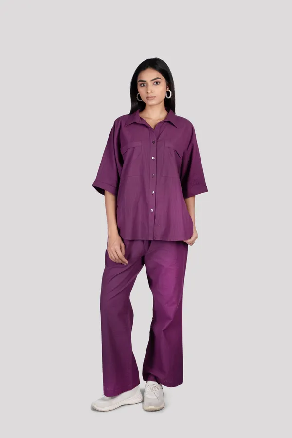 Purple_Cotton_Check_Collared_Chest_Pockets_Co_Ord_Set_For_Women