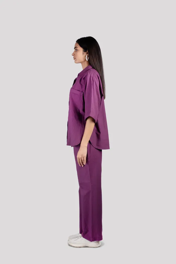 Purple_Cotton_Check_Collared_Chest_Pockets_Co_Ord_Set_For_Women