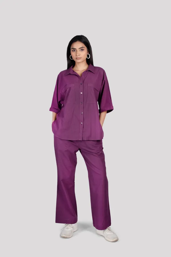 Purple_Cotton_Check_Collared_Chest_Pockets_Co_Ord_Set_For_Women