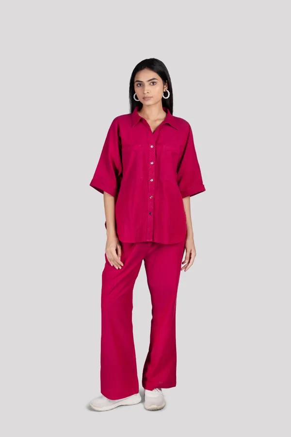 Wine_Red_Cotton_Check_Collared_Chest_Pockets_Co_Ord_Set_For_Women