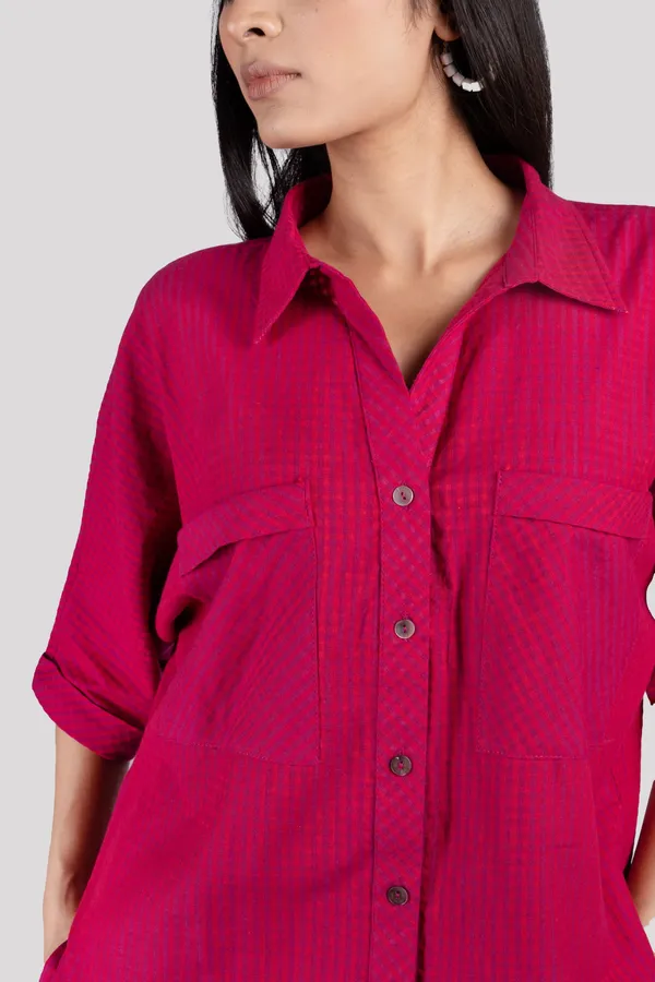 Wine_Red_Cotton_Check_Collared_Chest_Pockets_Co_Ord_Set_For_Women