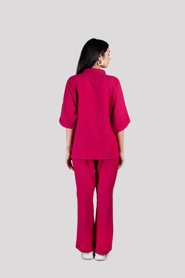 Wine_Red_Cotton_Check_Collared_Chest_Pockets_Co_Ord_Set_For_Women