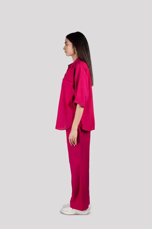 Wine_Red_Cotton_Check_Collared_Chest_Pockets_Co_Ord_Set_For_Women