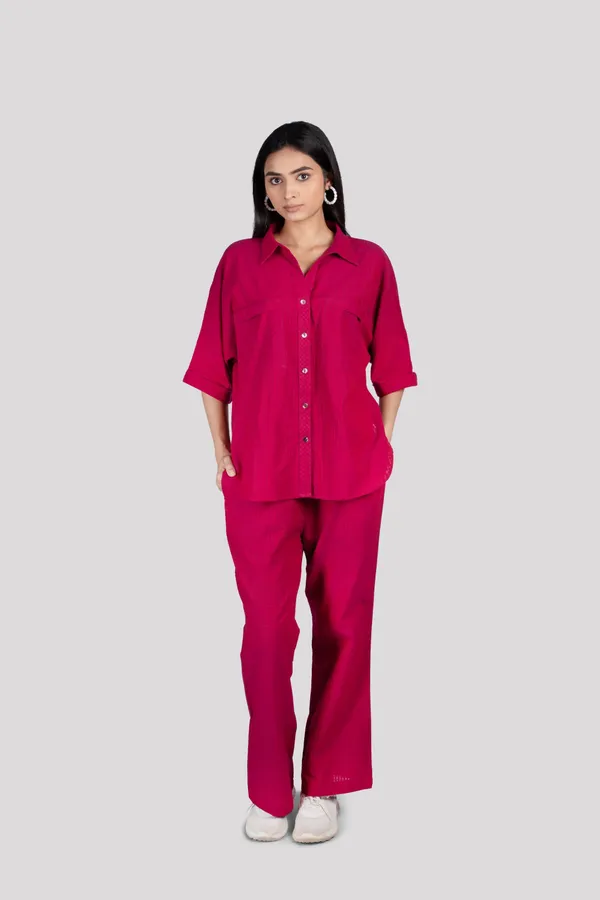 Wine_Red_Cotton_Check_Collared_Chest_Pockets_Co_Ord_Set_For_Women
