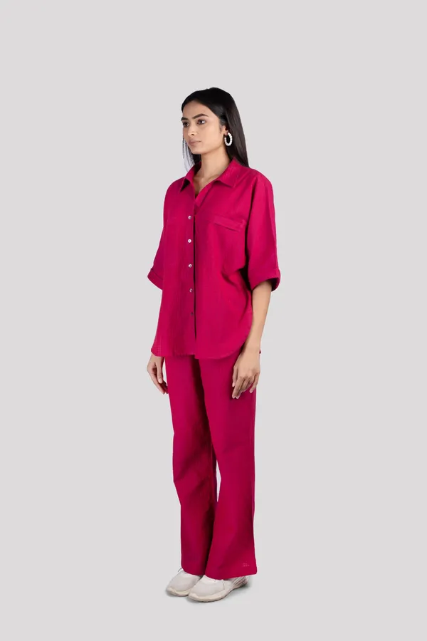 Wine_Red_Cotton_Check_Collared_Chest_Pockets_Co_Ord_Set_For_Women