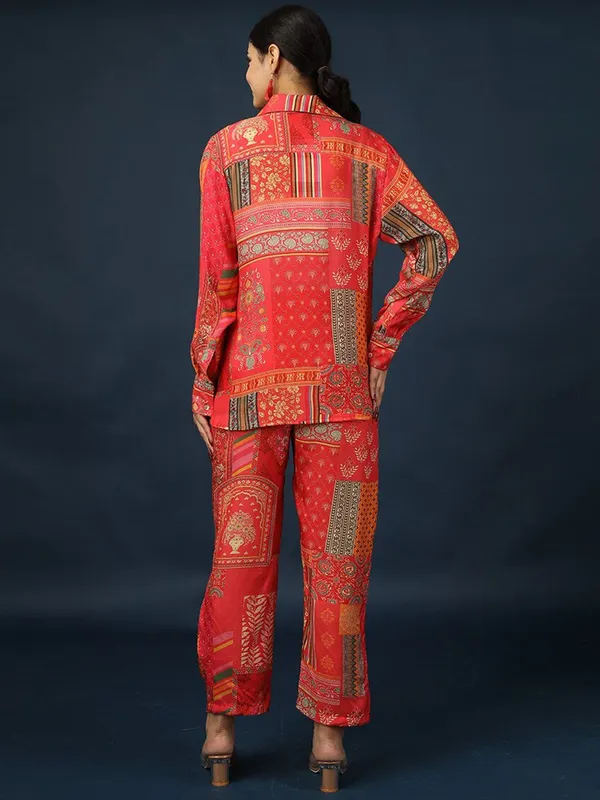 Red_Cotton_Ethnic_Motifs_Printed_Shirt_Collar_With_Trousers_For_Women