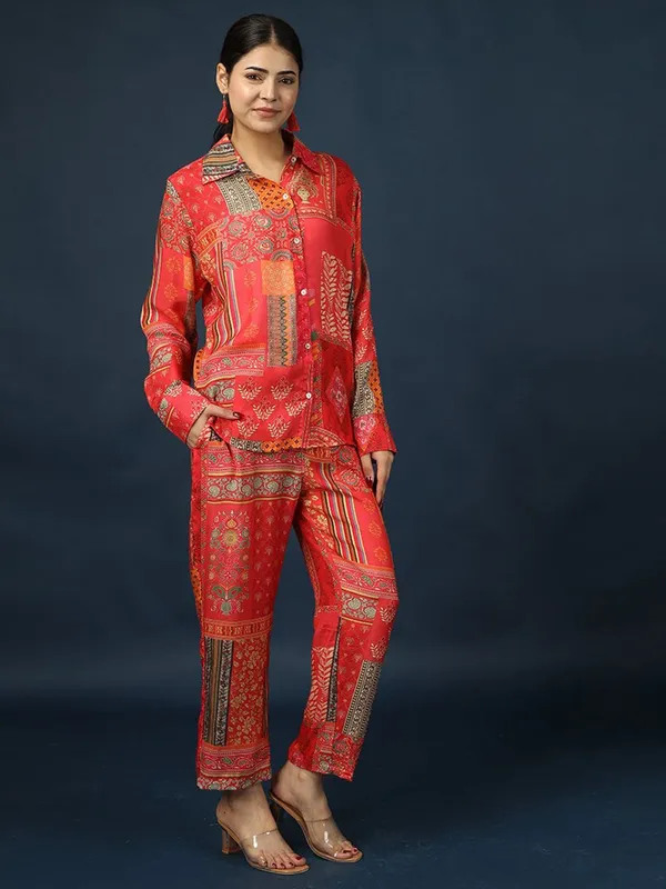 Red_Cotton_Ethnic_Motifs_Printed_Shirt_Collar_With_Trousers_For_Women