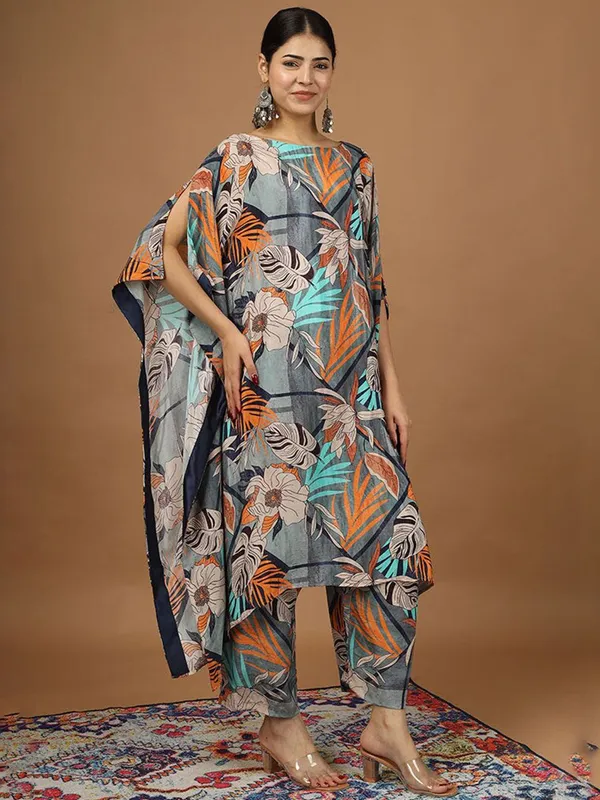 Multicolour_Cotton_Floral_Printed_Kaftan_Kurta_With_Trouser_For_Women