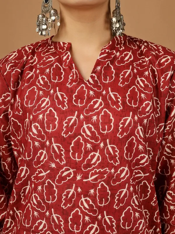 Red_Cotton_Printed_Mandarin_Collar_Top_With_Trousers_Co_Ords_For_Women