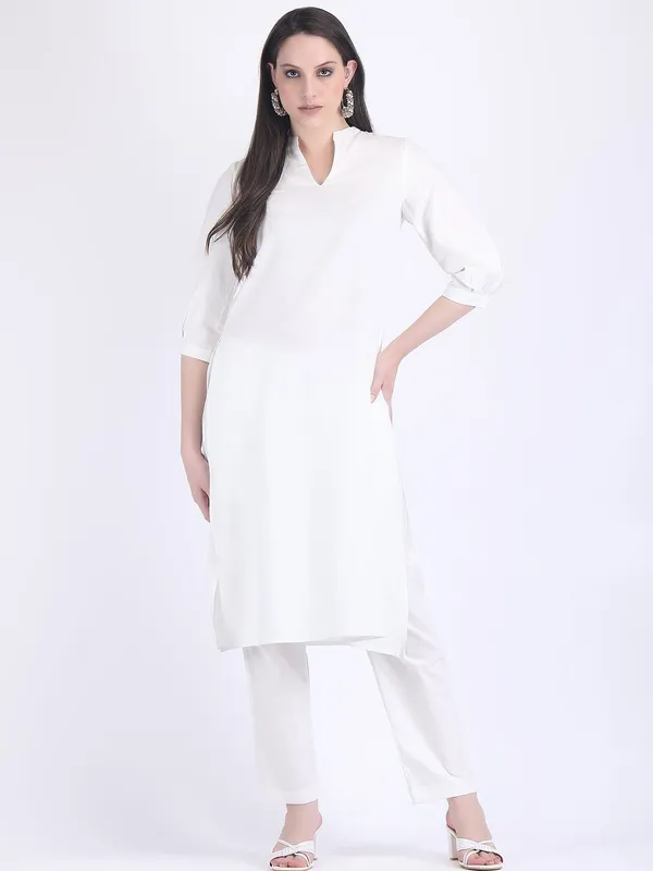 Red_Cotton_Pure_Three_Quarter_Sleeves_Straight_Kurta_With_Trouser_For_Women