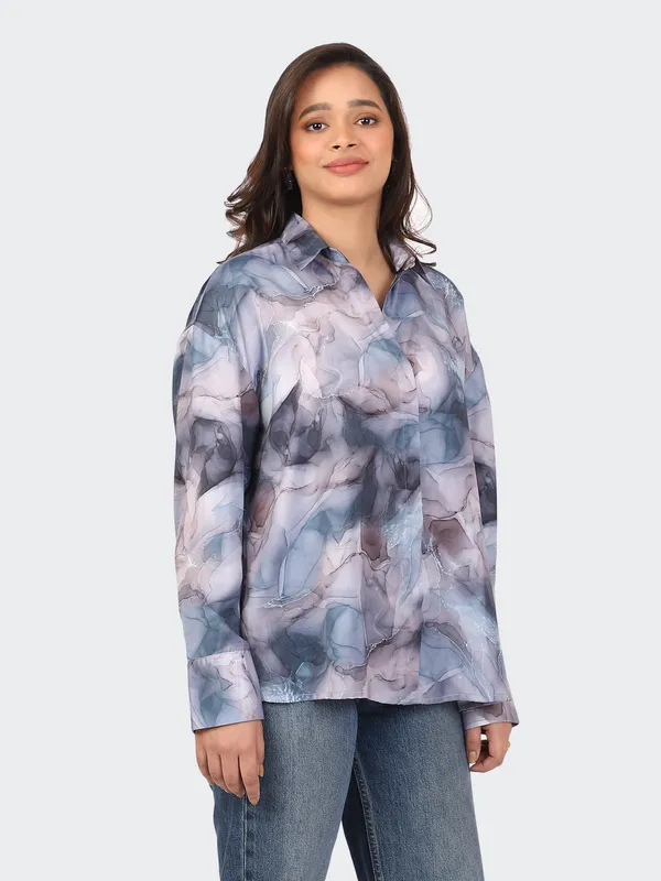 Blue_Cotton_Marble_Semi_Formal_Shirt_For_Women