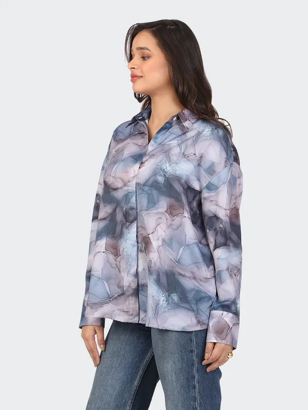 Blue_Cotton_Marble_Semi_Formal_Shirt_For_Women