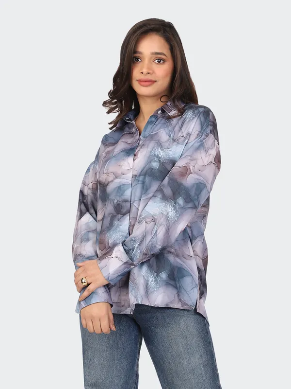 Blue_Cotton_Marble_Semi_Formal_Shirt_For_Women