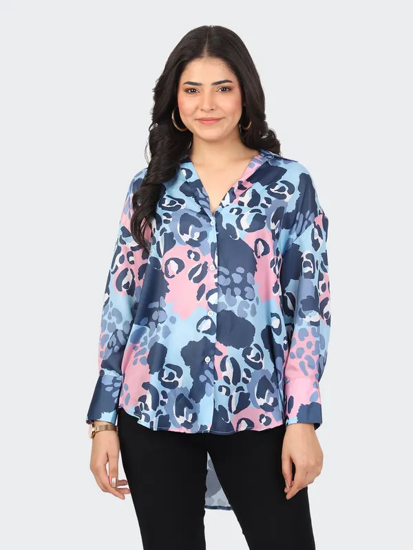Blue_Cotton_Animal_Semi_Formal_Shirt_For_Women