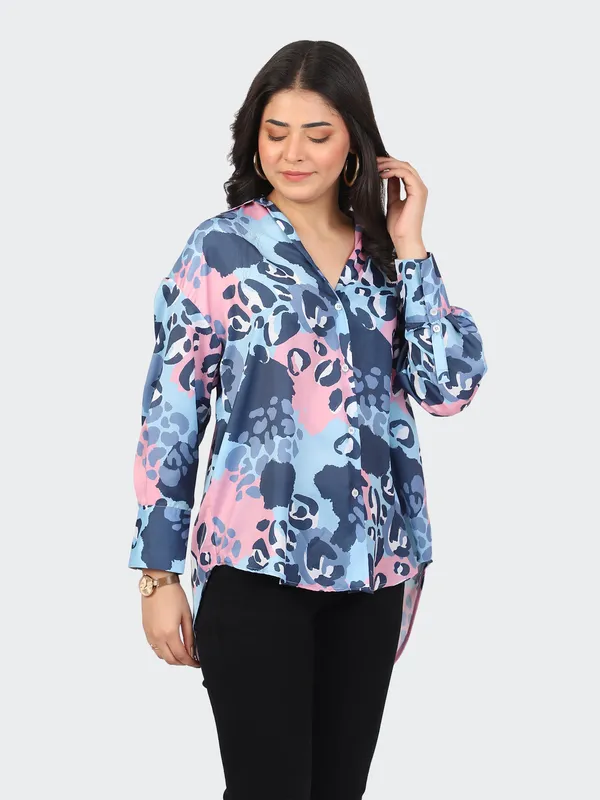 Blue_Cotton_Animal_Semi_Formal_Shirt_For_Women