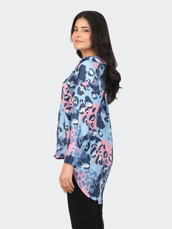 Blue_Cotton_Animal_Semi_Formal_Shirt_For_Women