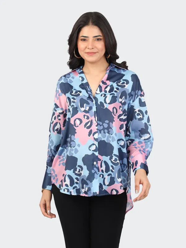 Blue_Cotton_Animal_Semi_Formal_Shirt_For_Women
