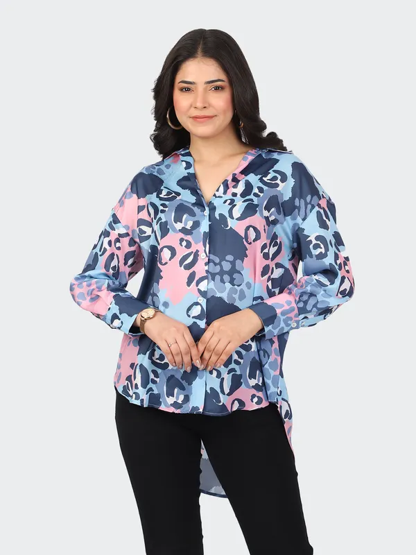 Blue_Cotton_Animal_Semi_Formal_Shirt_For_Women
