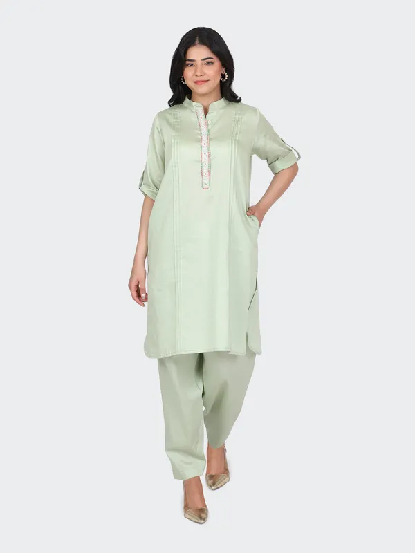 Green_Cotton_Mint_Embroidered_Front_Kurta_Set_With_Salwar_For_Women