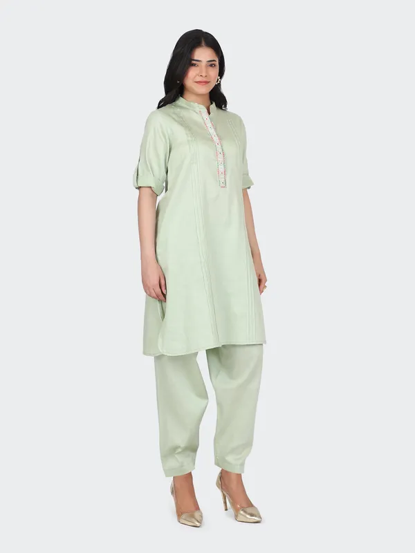 Green_Cotton_Mint_Embroidered_Front_Kurta_Set_With_Salwar_For_Women