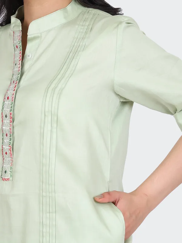 Green_Cotton_Mint_Embroidered_Front_Kurta_Set_With_Salwar_For_Women