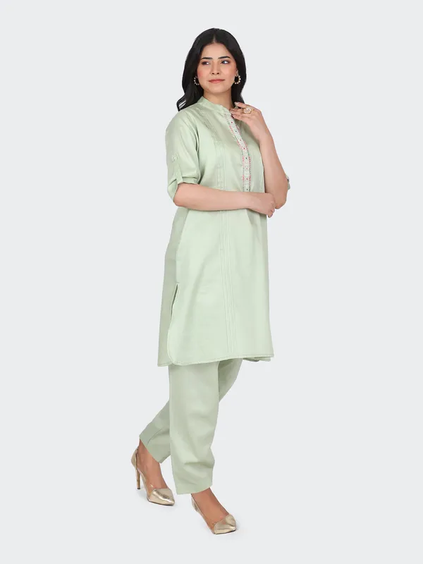 Green_Cotton_Mint_Embroidered_Front_Kurta_Set_With_Salwar_For_Women