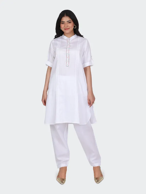 White_Cotton_Embroidered_Front_Kurta_Set_With_Salwar_For_Women