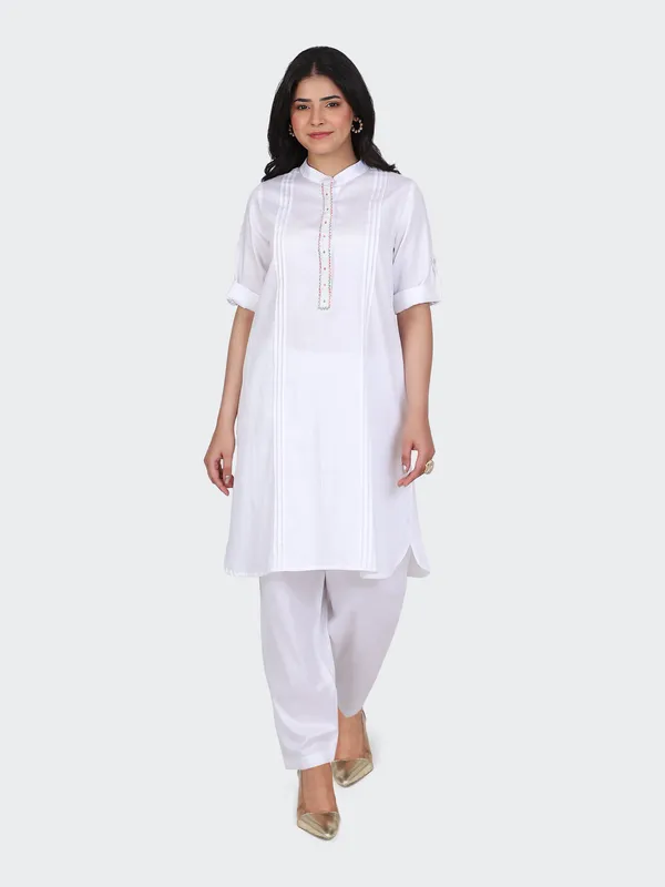 White_Cotton_Embroidered_Front_Kurta_Set_With_Salwar_For_Women