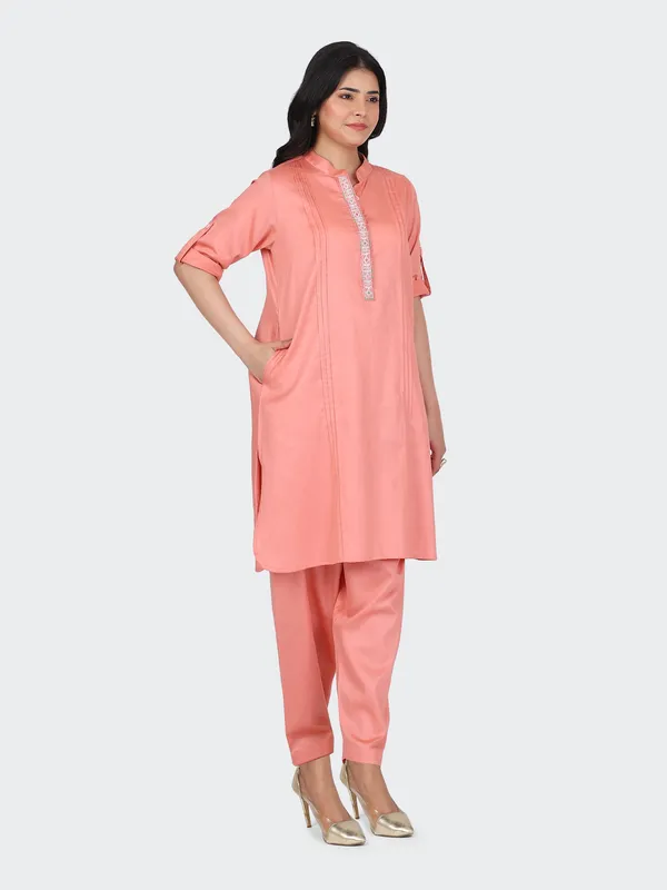 Peach_Cotton_Embroidered_Front_Kurta_Set_With_Salwar_For_Women
