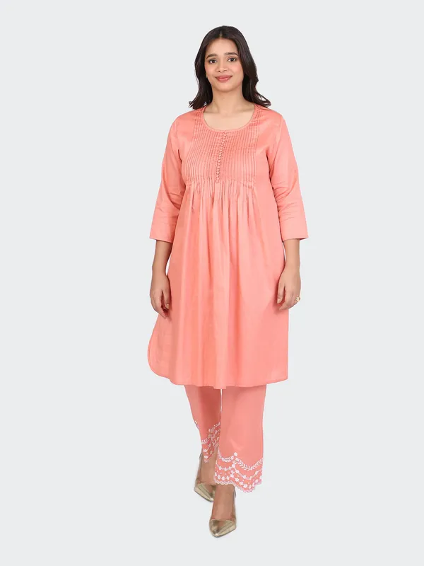 Peach_Cotton_Palazzo_Embroidery_Kurta_Set_For_Women